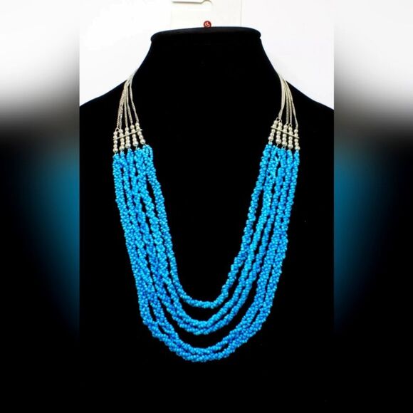 Silver Tone Necklace with Multi Turquoise Colored Bead Strands NWT 24" - Picture 1 of 2